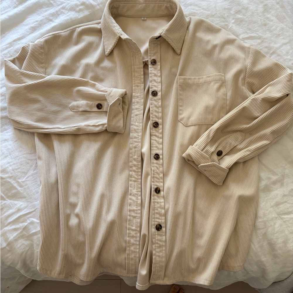 Beige Ribbed Button-Up Shirt